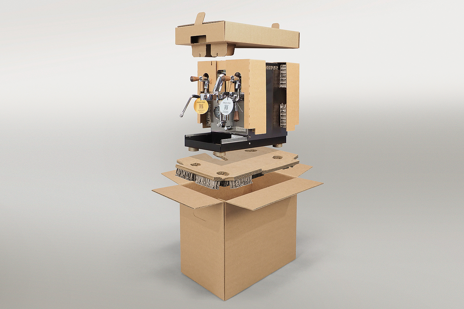 Siebträgermaschine mit Rekkor®-Wabenpolster als präzise integrierte Schutzverpackung für den sicheren Versand