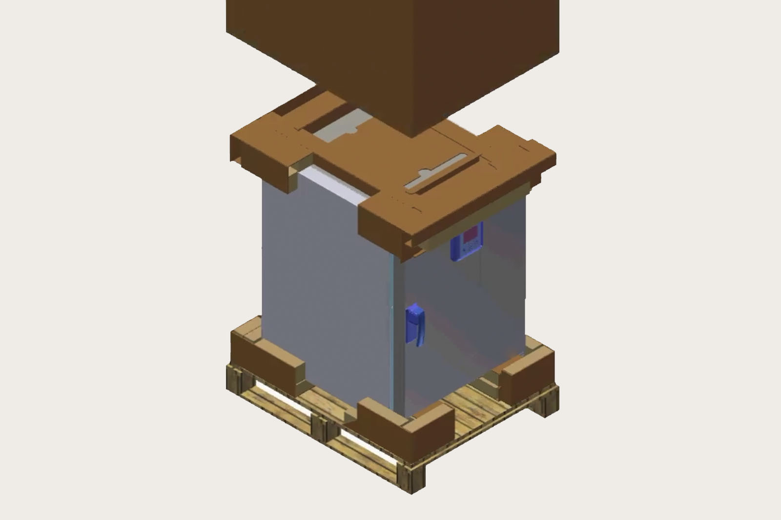 Ein Umkarton wird über das Produkt gestülpt